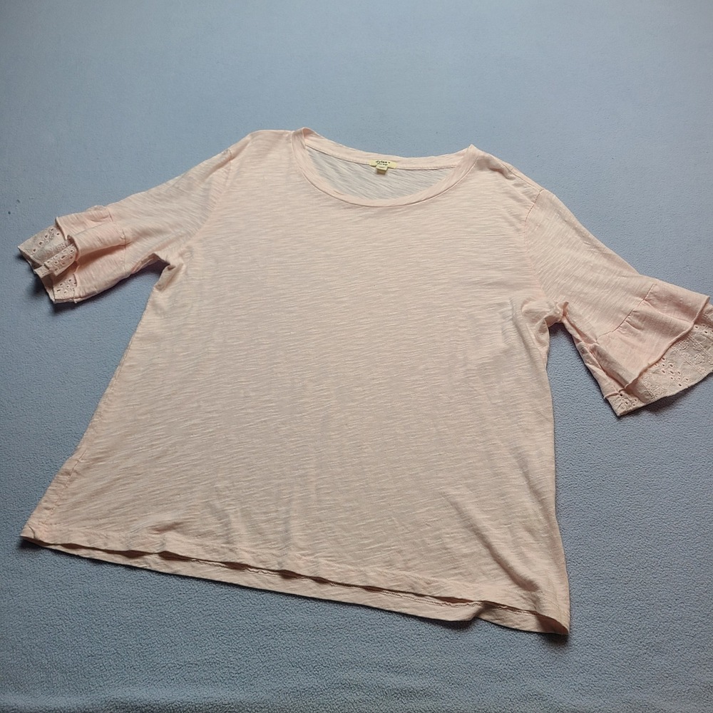Dylan T-Shirt Women XL Pink Good Eyelet Ruffle Sleeve Cotton Slub Knit Top